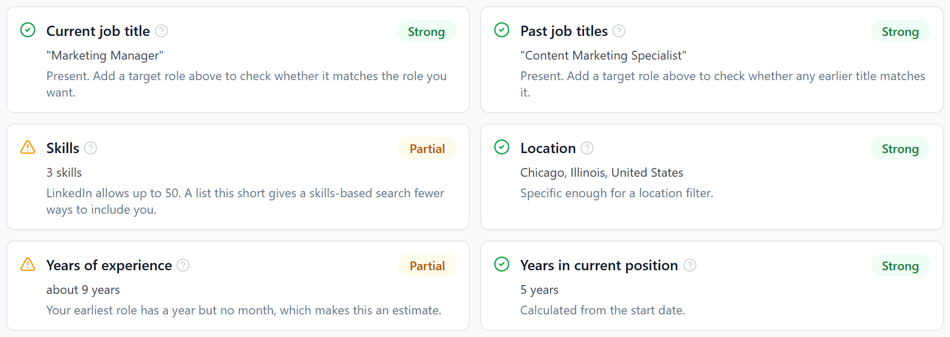 Recruiter filter coverage showing which LinkedIn Recruiter filters the profile passes and which are only partial